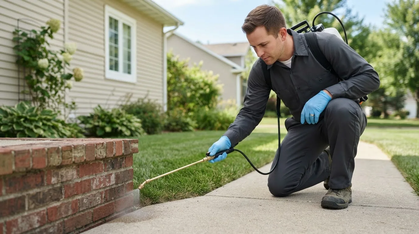 Pest control technician treating a home near North Stratford, NH